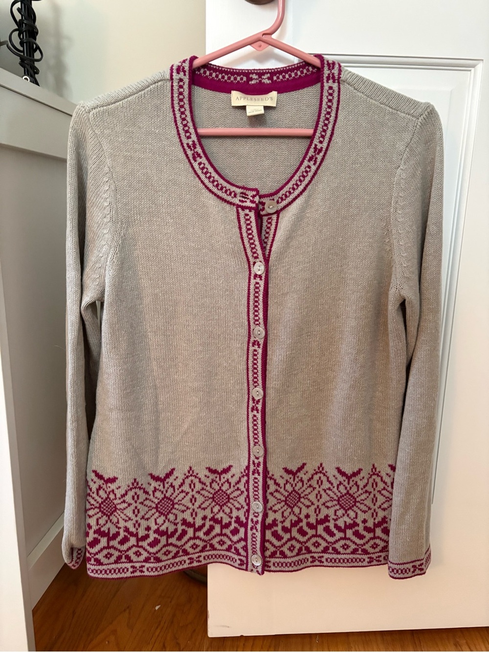 Appleseed's Gray Cardigan with Pink Nordic Border